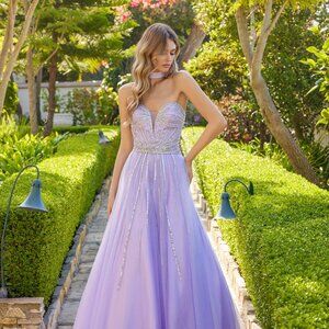 New Lilac Rhinestones Embellished Tulle Gown w/ Choker & Corset Bodice JT2620U